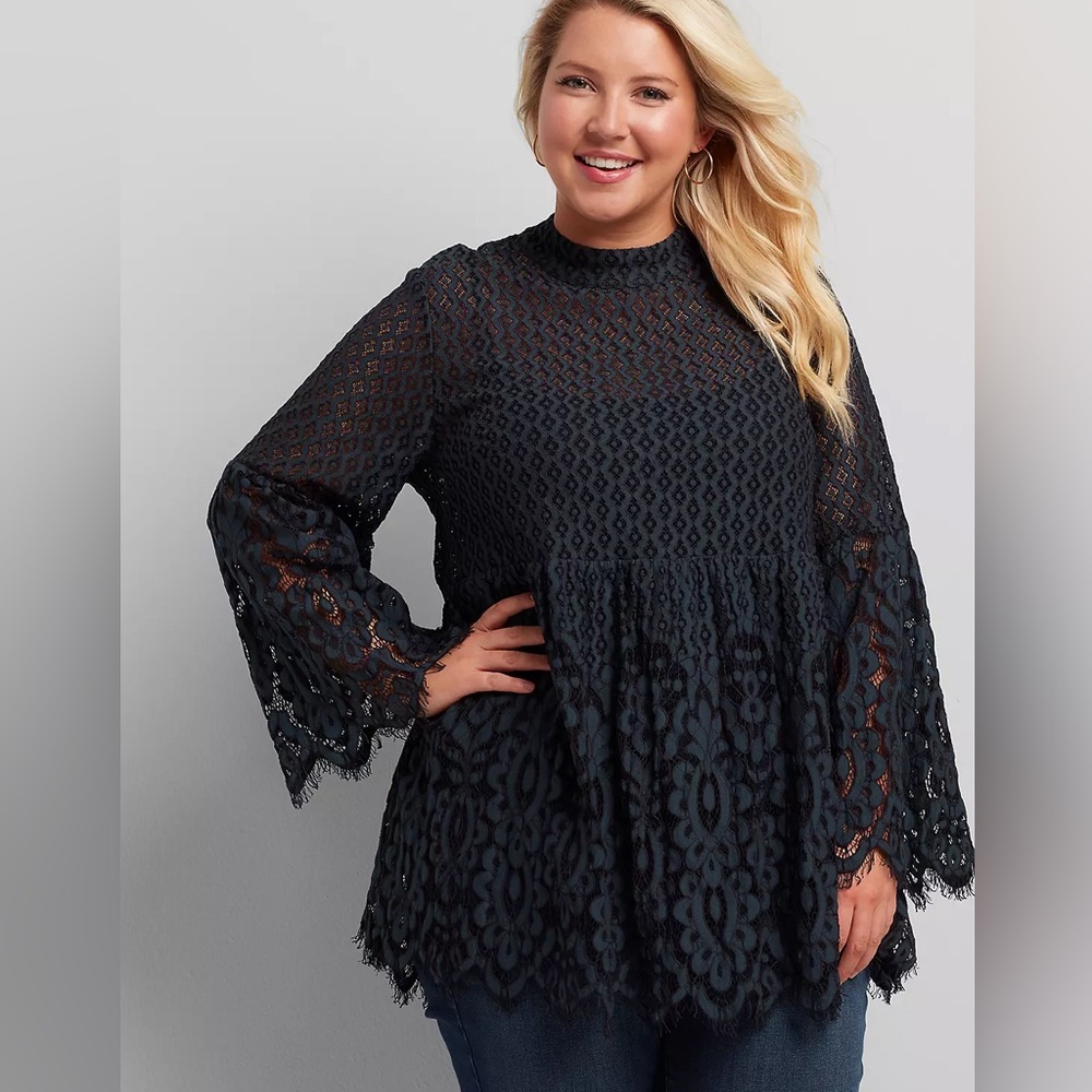 22 Black Lace Mock Neck Peplum Tunic - Lane Bryant